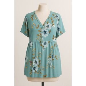 Womens‎ Floral Tunic Top Size 2X Blue Short Sleeve Flowy Casual Cottage Summer